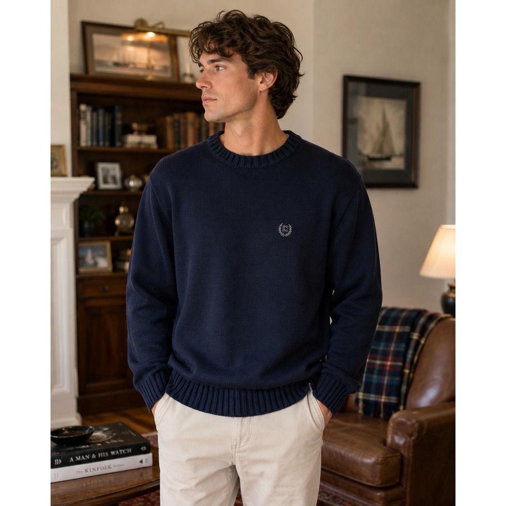 Chaps Men's L Navy Blue 100% Cotton Crewneck Sweater Preppy Heritage Classic